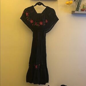 Elegant Black Dress with Pink Floral Embroidery